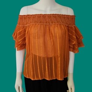 FAVLUX Off Shoulder Cropped Ruffle Keyhole Sheer Swing Copper Metallic Blouse